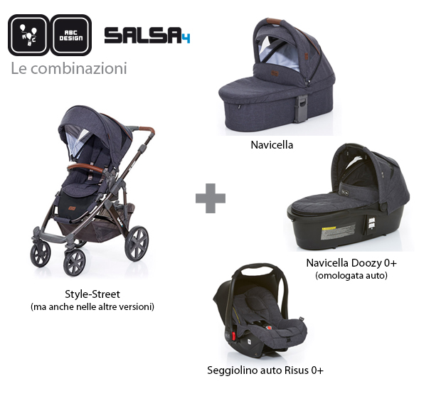 ABC Design Salsa4 - le varie combinazioni, con navicella 0+, navicella Doozy 0+ e seggiolino auto Risus 0+ - cercapasseggini 2016