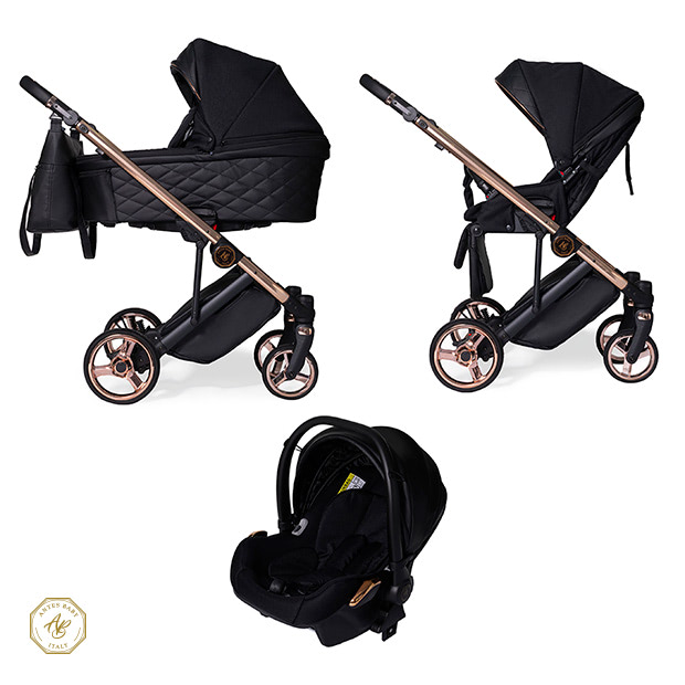 Trio Antes Baby Premium colore Lux Black con telaio Rosa Oro