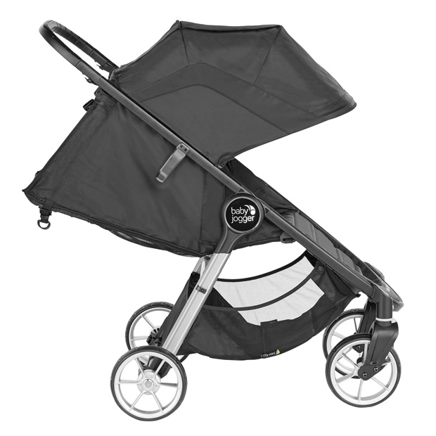 Baby Jogger City Mini2 a 4 ruote: vista laterale con cappottino estesa e schienale reclinato