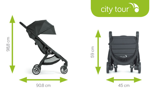 Baby Jogger passeggino City Tour 2017 - dimensioni da aperto e da chiuso - cercapasseggini