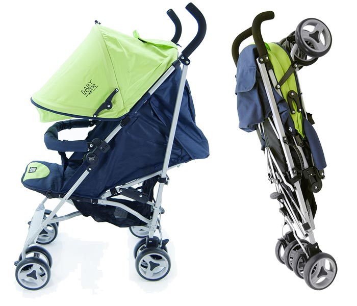 Vista laterale e chiusura ad ombrello del passeggino Wue-Wue di Baby Zone