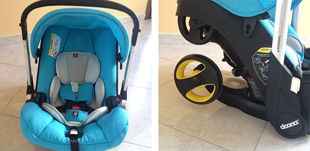 Vista fronta e lateriale seggiolino auto e passeggino DOONA Simple Parenting