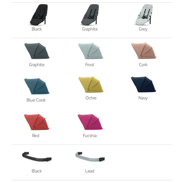 I colori degli accessori di Quinny Hubb fra cui scegliere: seduta duo, cappottina e barra di protezione.