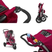 Dettagli - Comandi manuali freno e blocco ruota anteriore; Vista passeggino chiuso; Vista passeggino con parapioggia; Vassoio tessile portaoggetti - Passeggino Trio Chicco Trio Activ3