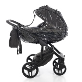 Vista laterale con navicella installata e parapioggia - Passeggino Trio Junama Caro
