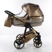 Vista laterale con navicella installata e parapioggia - Passeggino Trio Junama Glitter